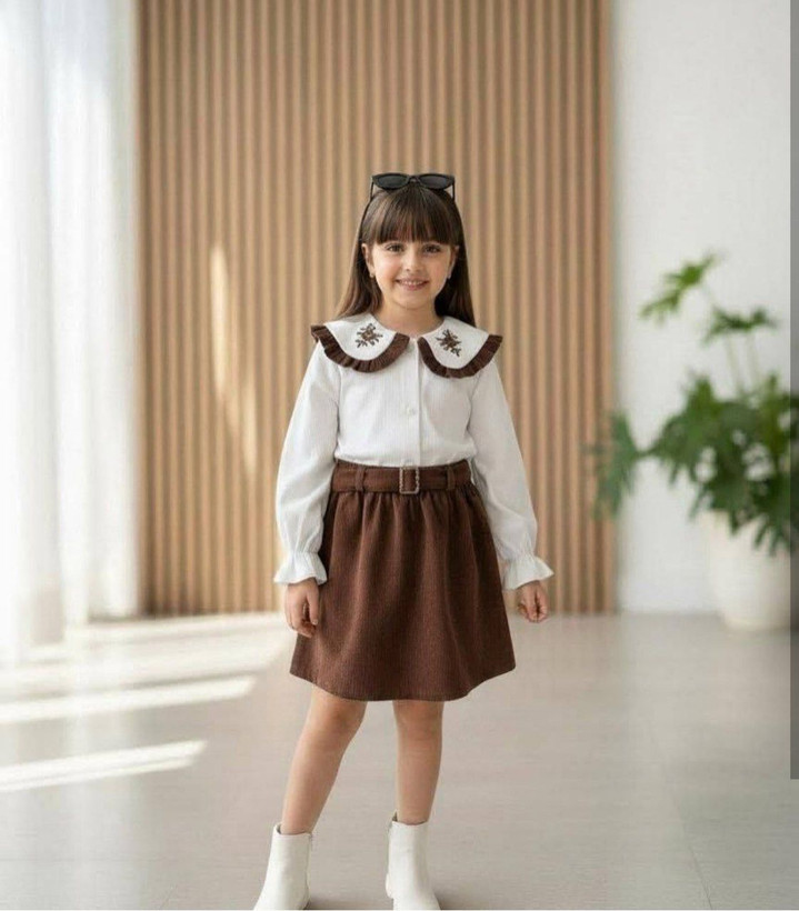 ست شومیز و دامن مخمل کبریتی در دو رنگ زرشکی و قهوه ای سایز۴تا۱۰سال